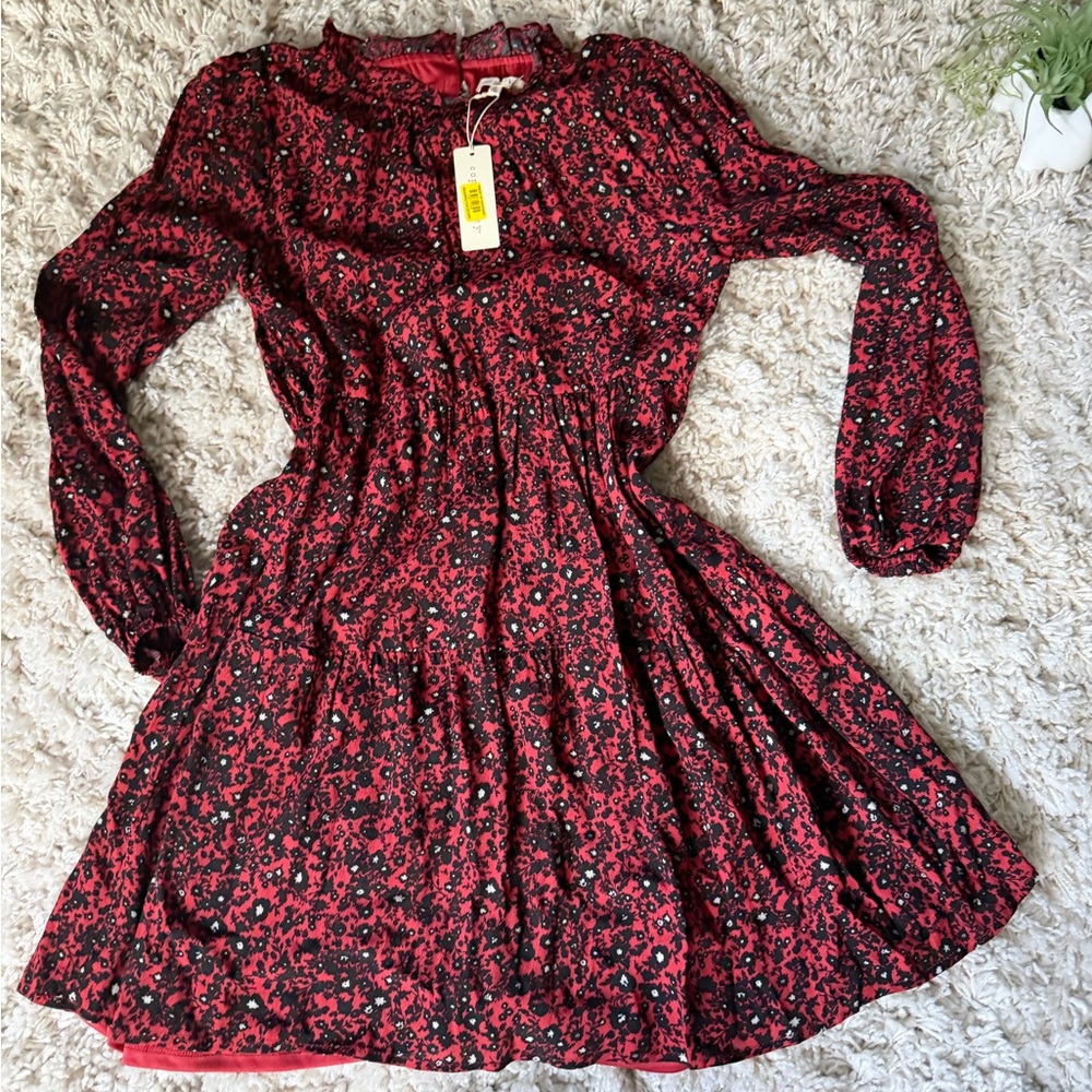 Chic Floral Artsy cute bell sleeve flowy super cute Midi Dress in Deep Red